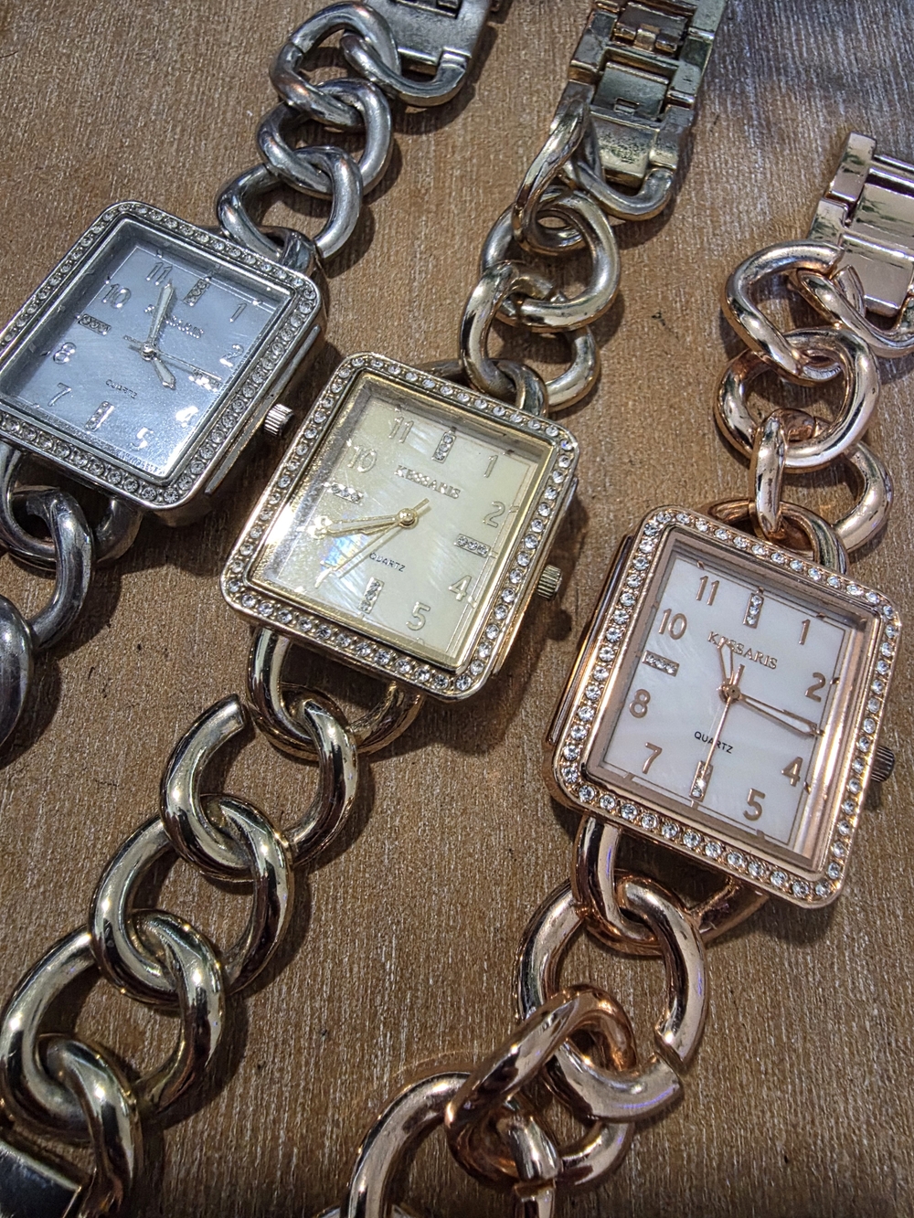 Lot of 3 Kessaris Chain Link Bracelet Watches Silver Gold Rose Gold Rhinestone